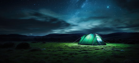 Serenity Under the Stars: A Green Tent Lit by the Milky Way's Glow by Generative AIの素材
