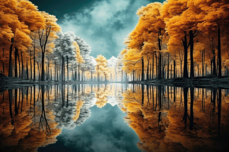Serene Sunset: Autumn Trees and Their Reflections on a Calm Lake by Generative AIの素材