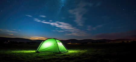 Illuminated Tent Under Star-Streaked Night Sky: By a Generative AI Sceneの素材