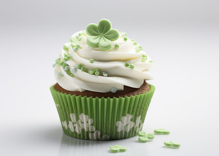 Delicious Shamrock-Decorated Cupcake with Green Frosting for St. Patrick's Day by Generative AIの素材