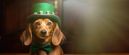 Charming Long-Haired Dachshund in Leprechaun Attire for St. Patrick's Day by Generative AIの素材