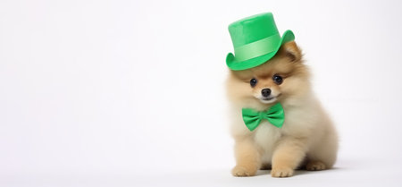 Adorable Pomeranian Dog Dressed in St. Patrick's Day Green Hat and Bowtie by Generative AIの素材