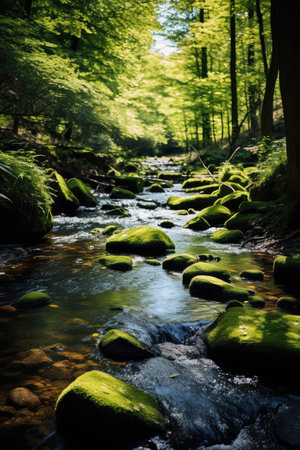 Serenity Stream: Moss-Covered Stones in a Whispering Forest by Generative AIの素材