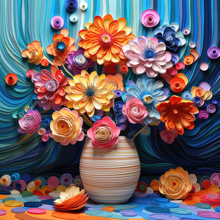 Burst of Colors: Handcrafted Paper Art Floral Display in Vase by Generative AIの素材