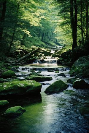 Serenity Stream: Moss-Covered Stones in a Whispering Forest by Generative AIの素材