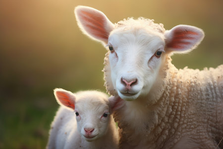 Serene Pastoral Moment: A Mother Sheep and Her Lamb at Dusk by Generative AIの素材