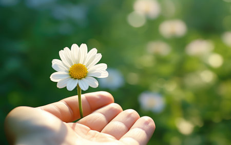 Delicate Embrace: A Single Daisy Cradled in the Palm of Nature by Generative AIの素材