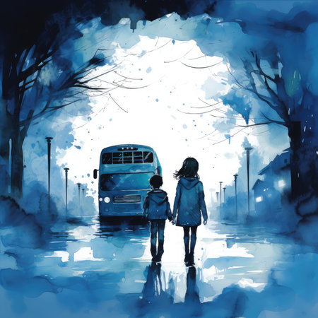 Twilight Commute: Watercolor Whispers of Urban Children and a Bus by Generative AIの素材