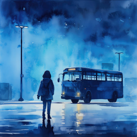 Twilight Commute: Watercolor Whispers of Urban Children and a Bus by Generative AIの素材