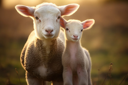 Serene Pastoral Moment: A Mother Sheep and Her Lamb at Dusk by Generative AIの素材