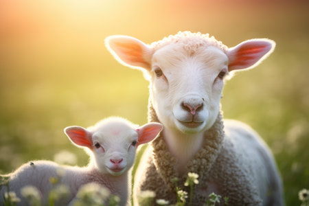 Serene Pastoral Moment: A Mother Sheep and Her Lamb at Dusk by Generative AIの素材