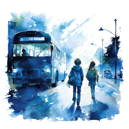 Twilight Commute: Watercolor Whispers of Urban Children and a Bus by Generative AIの素材