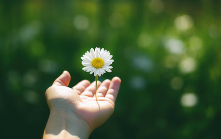 Delicate Embrace: A Single Daisy Cradled in the Palm of Nature by Generative AIの素材
