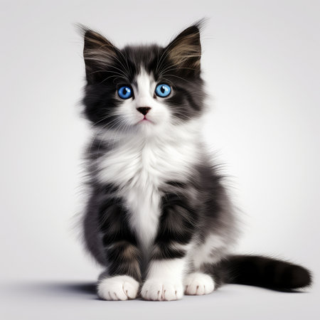 Whiskered Wonder: A Digital Portrait of a Blue-Eyed Kitten in Repose by Generative AIの素材