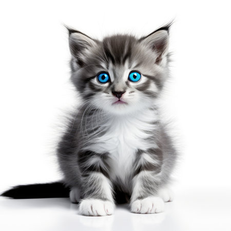 Whiskered Wonder: A Digital Portrait of a Blue-Eyed Kitten in Repose by Generative AIの素材