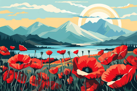 Alpine Splendor: Red Poppies Flourishing Before Majestic Mountains by Generative AIの素材