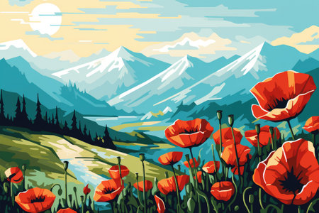Alpine Splendor: Red Poppies Flourishing Before Majestic Mountains by Generative AIの素材