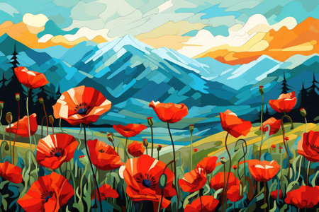 Alpine Splendor: Red Poppies Flourishing Before Majestic Mountains by Generative AIの素材