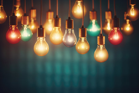 Illuminating Ideas: Vintage Light Bulbs Dangle with Warm Glow by Generative AIの素材