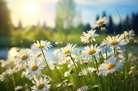 Field of Wild Daisies Bathed in Sunlight and Serenity by Generative AIの素材