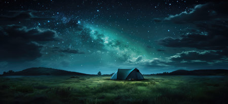 Serene Campsite Under a Dazzling Milky Way in Starry Night by Generative AIの素材