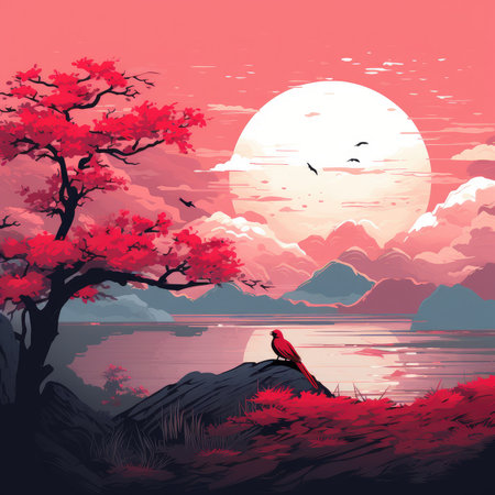 Serene Sakura: Birds in Flight at Sunset by Generative AIの素材