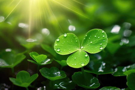 Lucky Green Clover with Fresh Dew Drops in Nature by Generative AIの素材