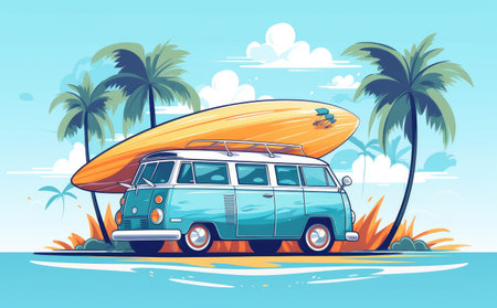 Retro Surf Van with Board Ready for Summer Waves by Generative AIの素材