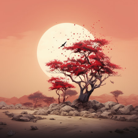 Mystical Red Trees and Soaring Birds Against a Giant Moonrise by Generative AIの素材