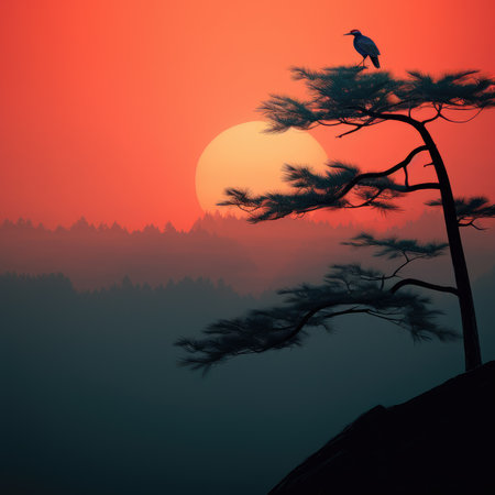 ranquil Sunset and Silhouetted Pines - Serenity Captured by Generative AIの素材