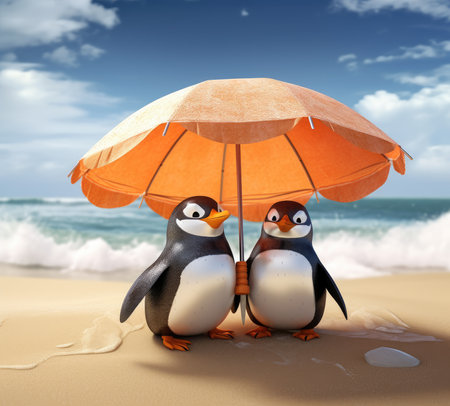 Penguins' Seaside Escape: A Charming Summer Holiday - Created by Generative AIの素材