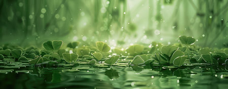 Emerald Clovers with Dew Drops - A Fresh Spring Morning by Generative AIの素材