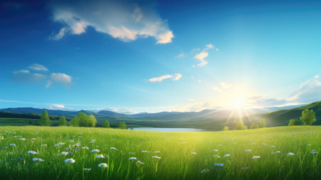 Radiant Spring Sunrise Over Lush Meadow - Splendor of Nature by Generative AIの素材