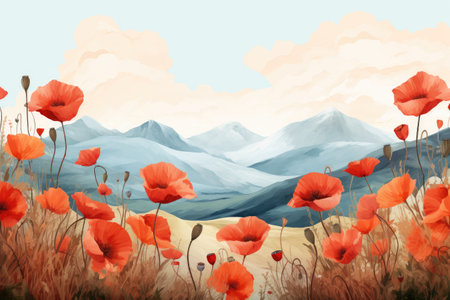Vibrant Poppies Meadow with Majestic Mountains - Illustrated by Generative AIの素材