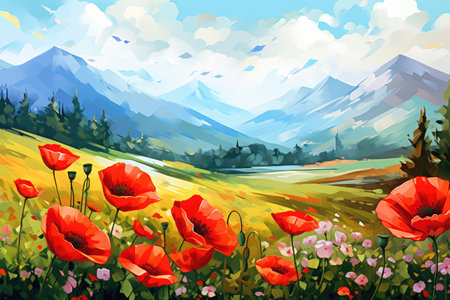 Vibrant Poppies Meadow with Majestic Mountains - Illustrated by Generative AIの素材