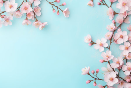 Serene Blossoms: Delicate Pink Florals on Pastel Blue by Generative AIの素材