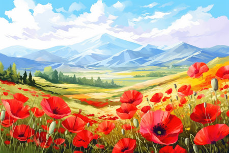 Vibrant Poppies Meadow with Majestic Mountains - Illustrated by Generative AIの素材