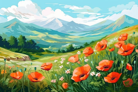Vibrant Poppies Meadow with Majestic Mountains - Illustrated by Generative AIの素材