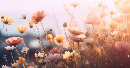 Sunset Serenade: Wildflowers Basking in Golden Light by Generative AIの素材