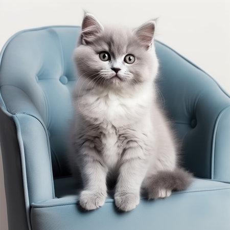 Regal Little Gray Kitten Gracing a Luxurious Velvet Chair by Generative AIの素材