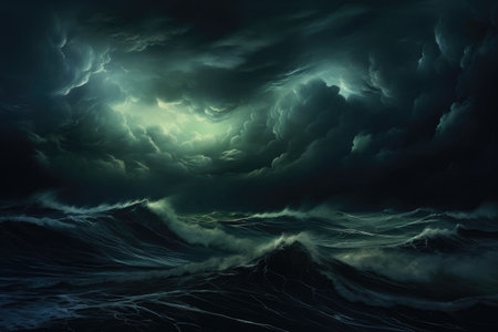 Tempestuous Seas Under Brooding Skies: A Display of Nature's Might by Generative AIの素材
