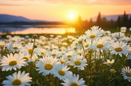 Serene Daisy Field Bathed in Sunset's Golden Glow - Pure Harmony by Generative AIの素材