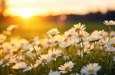 Serene Daisy Field Bathed in Sunset's Golden Glow - Pure Harmony by Generative AIの素材