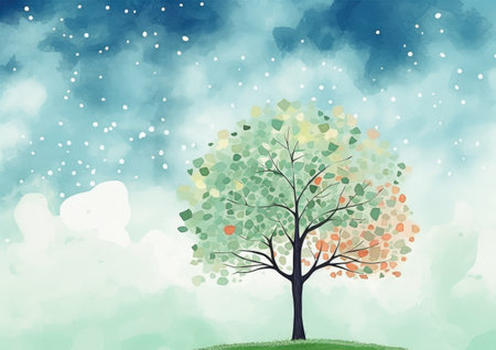 Serene Watercolor Tree Amidst Clouds - Artistic Vision by Generative AIの素材