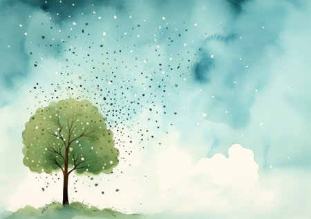 Serene Watercolor Tree Amidst Clouds - Artistic Vision by Generative AIの素材