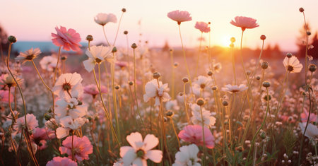 Whispers of Twilight: Pastel Wildflowers Embracing the Sunset by Generative AIの素材