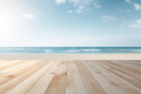Serene Coastal View from a Warm Wooden Deck at Sundown by Generative AIの素材