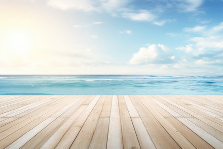 Serene Coastal View from a Warm Wooden Deck at Sundown by Generative AIの素材