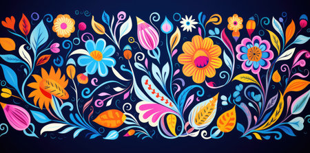Vibrant Mexican Folk Art Floral Design on a Deep Blue Canvas by Generative AIの素材