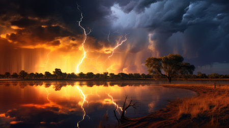 Electric Skies: A Fierce Thunderstorm Over Barren Lands at Sunset by Generative AIの素材